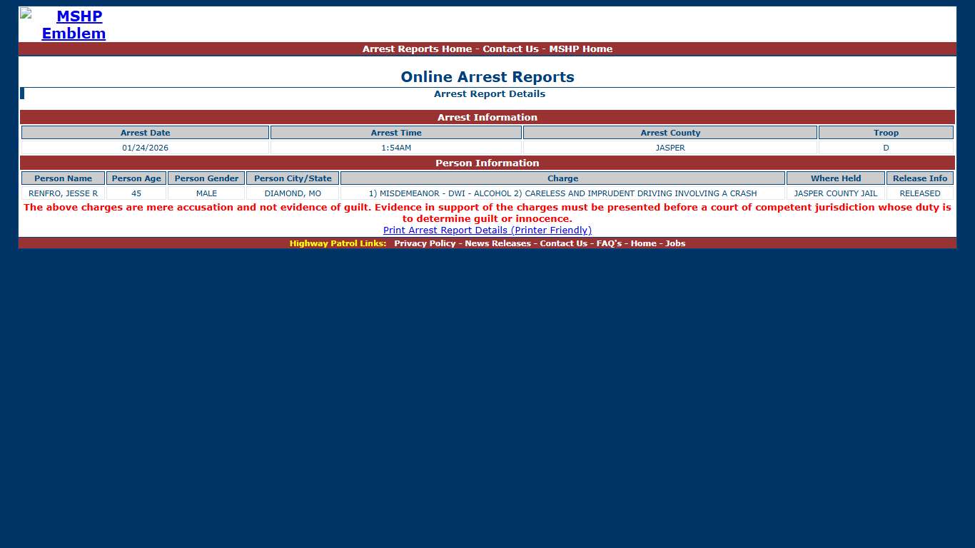 Missouri State Highway Patrol - Arrest Report Details