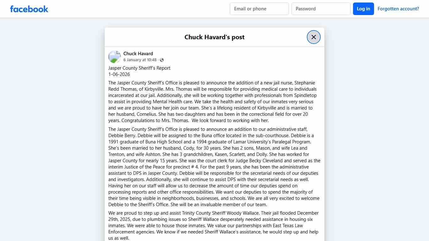 Chuck Havard - Jasper County Sheriff’s Report 1-06-2026... Facebook